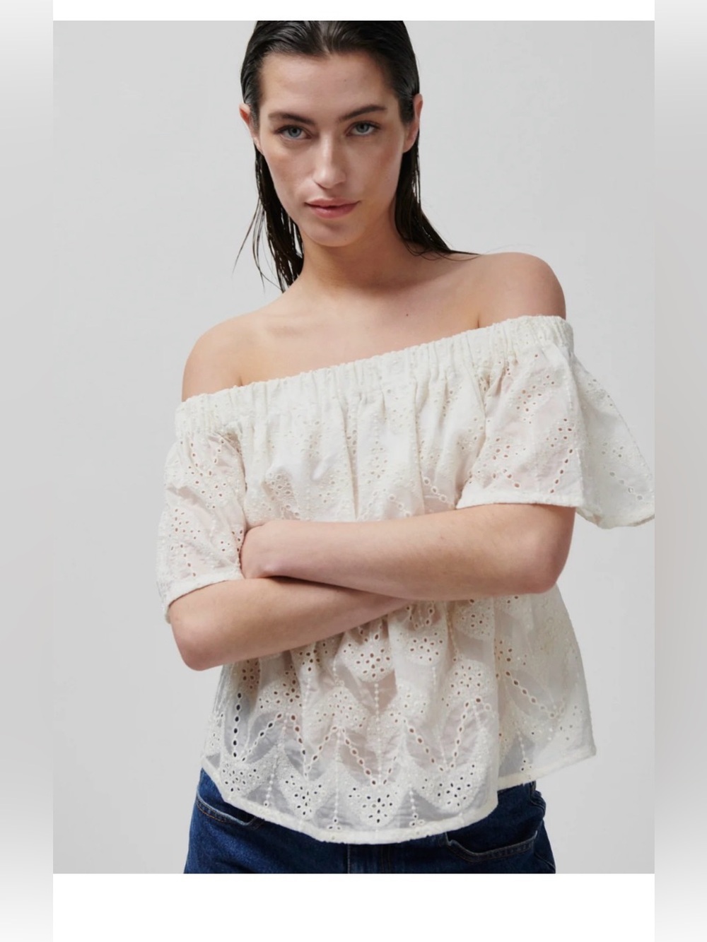 DAY Eyelet Off-Shoulder ruffled Peasant Blouse in white size US 10 NWT - Picture 2 of 5